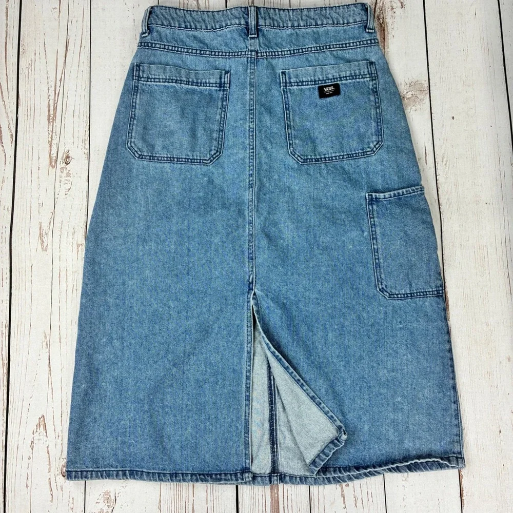 Vans Womens Light Wash Denim Midi Skirt Blue Carpenter Pocket Slit Size 29